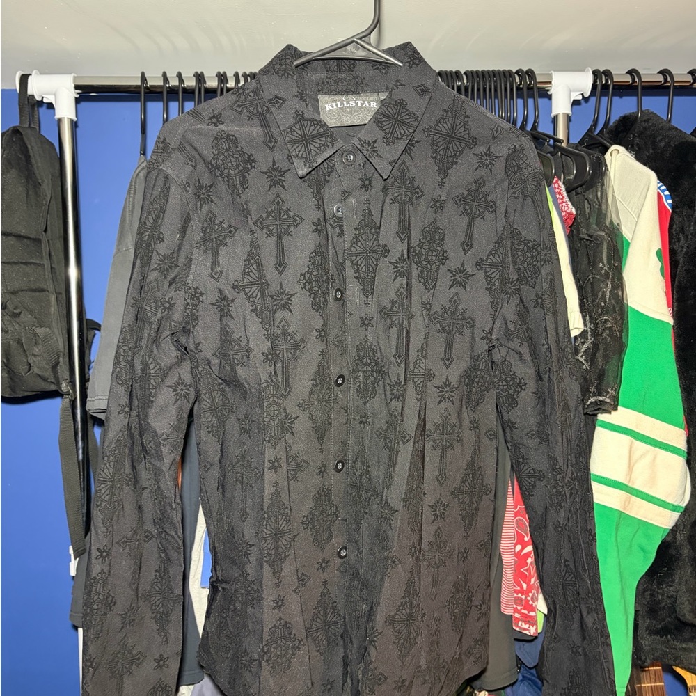Killstar Black Embroidered Cross Motif Button-Down Shirt